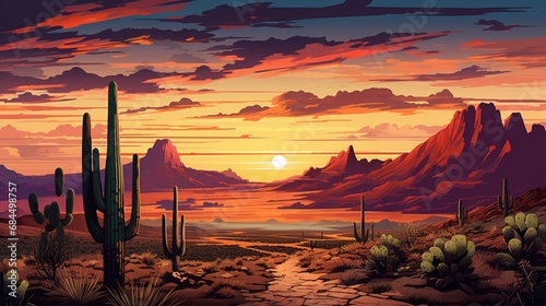 A rocky desert landscape with a stunning sunset sky and the silhouette of a saguaro cactus