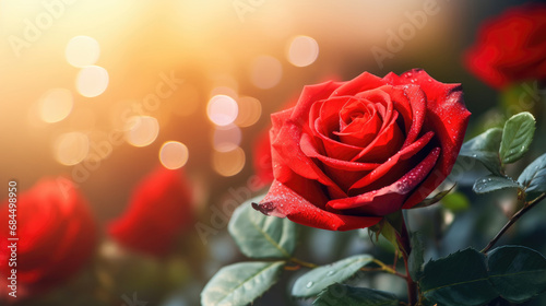 Close-up photo of beautiful red rose flower with sunlight