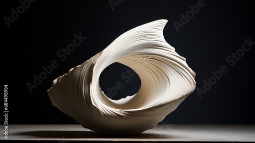 A ceramic sculpture of an abstract form, exploring the interplay of light and shadow on its textured surface.