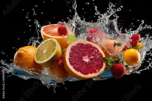 Fresh fruits and water splash on black background. Generative AI.