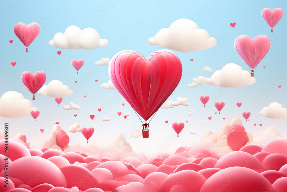 Valentine's Day background with a hot air balloon in the sky. 