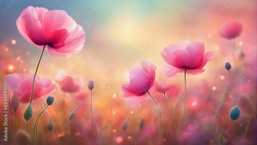 Pink poppy flowers in the field.	 - obrazy, fototapety, plakaty 