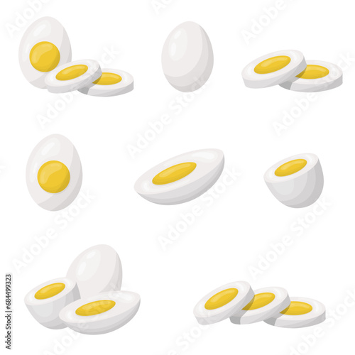 A set of boiled eggs. Whole eggs without shells, halves, pieces and slices. Vector illustration photo