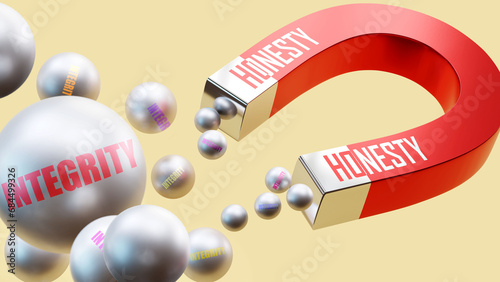 Honesty which brings Integrity. A magnet metaphor in which honesty attracts multiple parts of integrity. Cause and effect relation between honesty and integrity.,3d illustration