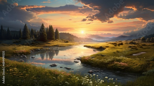 A serene meadow with a river winding through it at sunset, reflecting the sky