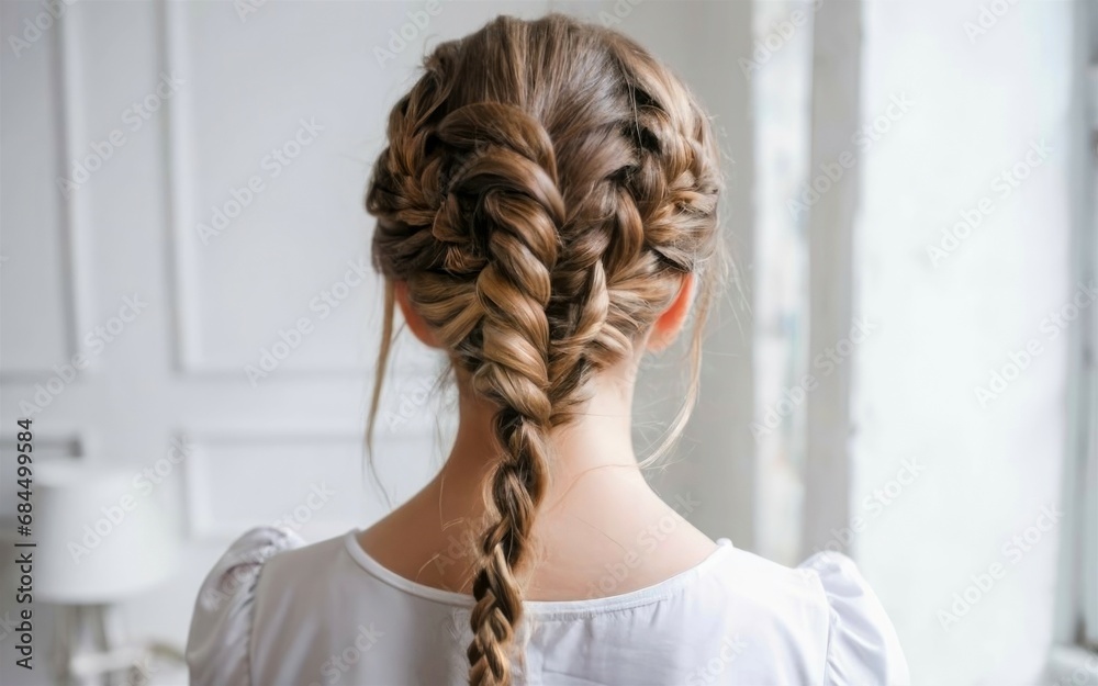 Hair braided for beutifull girl with bows and ribbons