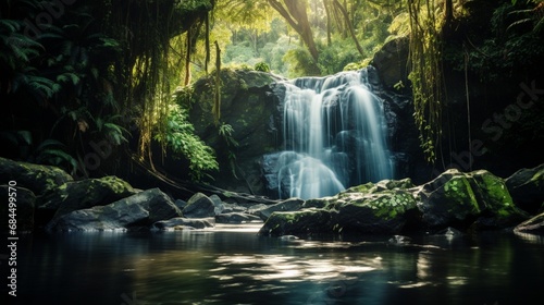A serene waterfall in a lush rainforest with the sun casting dappled light