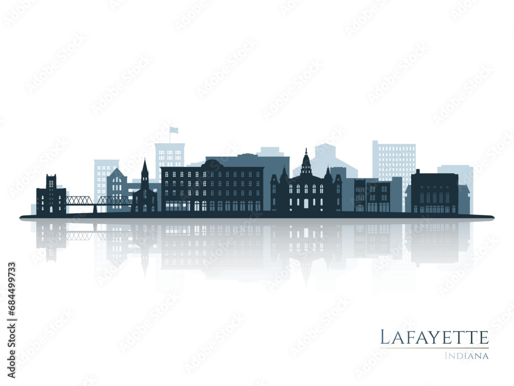 Lafayette skyline silhouette with reflection. Landscape Lafayette, Indiana. Vector illustration.