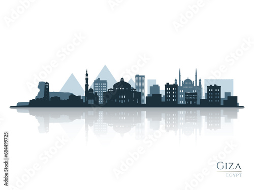 Giza skyline silhouette with reflection. Landscape Giza, Egypt. Vector illustration.