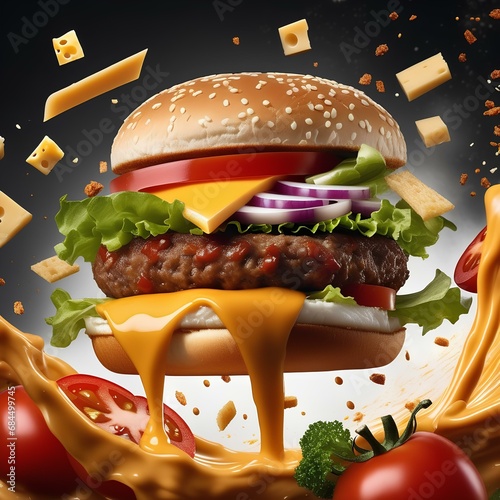 image of flying burger, ingredients captured mid air, hamburger with vegetables photo