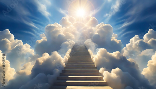 Stairway to Heaven. A long empty staircase among beautiful cumulus clouds against a blue sky with sunbeams. photo