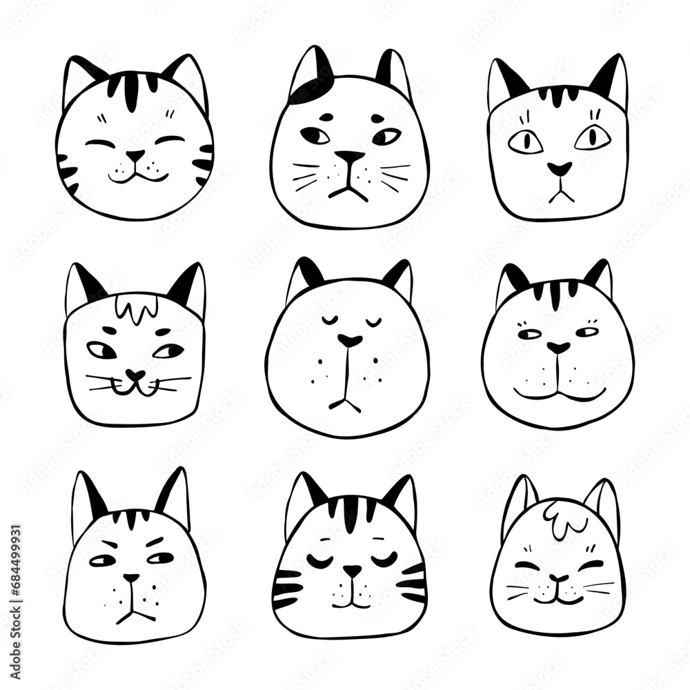 Collection of hand-drawn vector outline cat faces with different emotions and forms. Cartoon funny pet heads set for coloring book, veterinary logo, kids textile, packaging paper, or print. Collection of hand-drawn vector outline cat faces with different emotions and forms. Cartoon funny pet heads set for coloring book, veterinary logo, kids textile, packaging paper, or print.