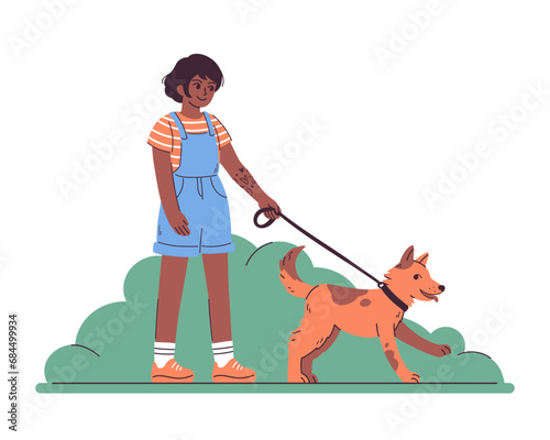 Flat vector illustration of a young dark skin woman walking a dog. Dog sitter, pet service concept. Cartoon drawing of a teenage female with happy crossbreed dog. 