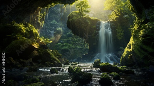 A serene waterfall in a moss-covered gorge with the sun casting a soft glow