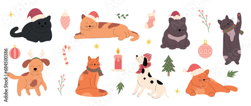 Fototapeta Naklejka Na Ścianę i Meble -  Merry christmas and happy new year concept background vector. Collection drawing of cute dog and cat with decorative scarf, hat. Design suitable for banner, invitation, card, greeting, banner, cover. 