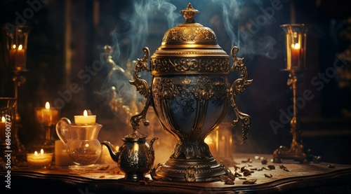 an antique coffee pot sits on a gold table at a hotel table, in the style of baroque energy, dark gold and light bronze, abbott fuller graves, grandiose environments, sparkling water reflections