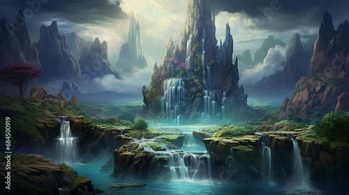 A surreal landscape with towering rock formations and a cascading waterfall in a fantastical setting.