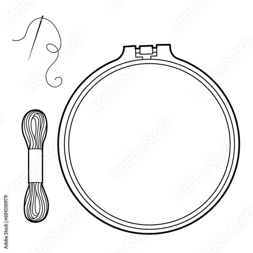 Embroidery hoop with sewing needle and thread. Isolated outline Illustration on white background.