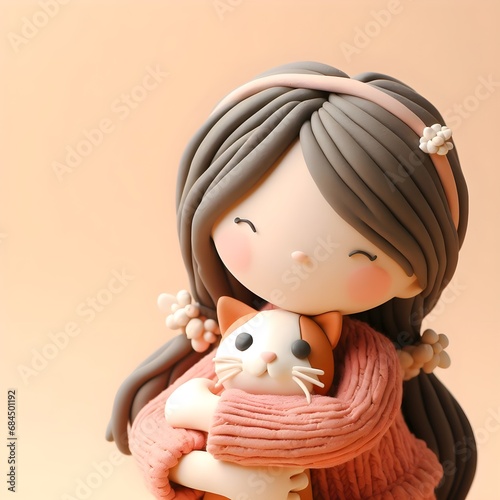 a girl hugging her beloved cat made of clay on beige background