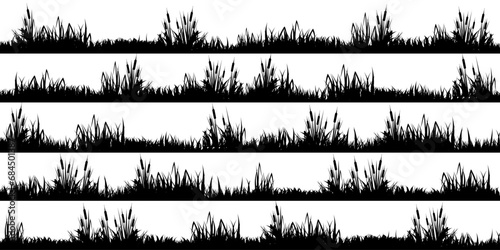 Meadow silhouettes with grass, plants on plain. Panoramic summer lawn landscape with herbs, various weeds. Herbal border, frame element. Black horizontal banners. Vector illustration