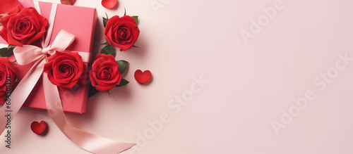 Valentine's Day concept. Gift box with ribbon and red roses on pink background with empty copy space