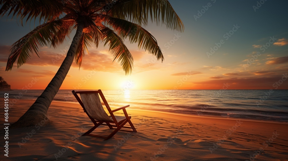 A tranquil beach with a lone palm tree and the sun dipping below the horizon, with a beach chair
