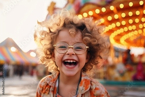 portrait shot of happiness cheerful kid toddler children haveing fun celebrate experience at circus theme park amusement festival with bokeh of light confetti and crowd of people happy lifestlye