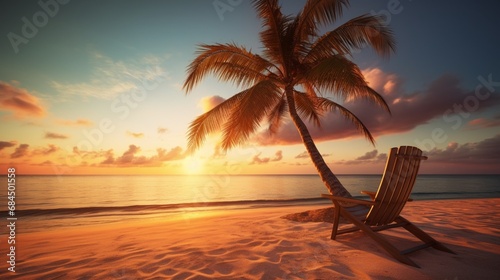 A tranquil beach with a lone palm tree and the sun dipping below the horizon  with a beach chair