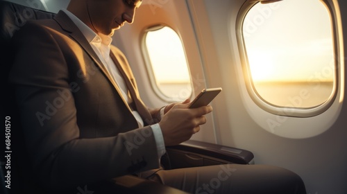 businessman using smartphone manage working schedule meeting on a plane business travelling ideas concept