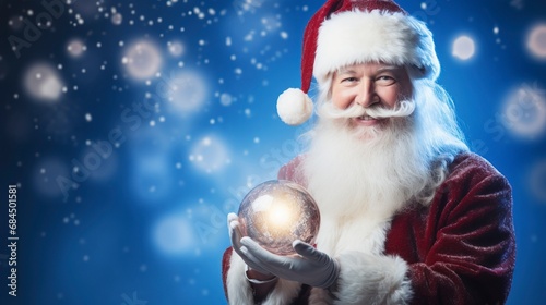 Happy Santa Claus holding glowing christmas ball, generative ai © Nia™