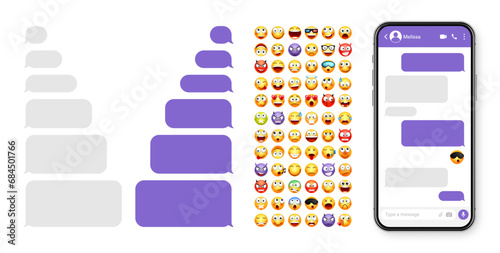 Smartphone messaging app, user interface design with emoji. SMS text frame. Chat screen with violet message bubbles. Texting app for communication. Social media application. Vector illustration