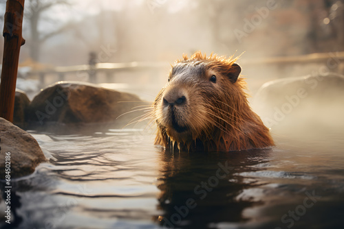 Cute Capybara animal bathing in hot spring photo