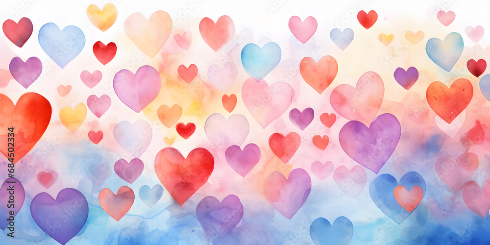 Abstract watercolor colorful hearts on white background