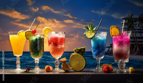 a row of glasses with bright colorful cocktails on the beach