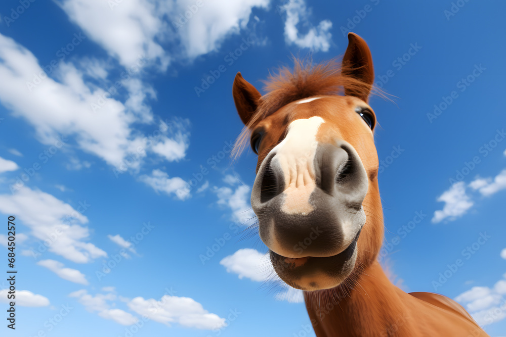 Fototapeta premium Funny close up of horse head in front of blue sky.