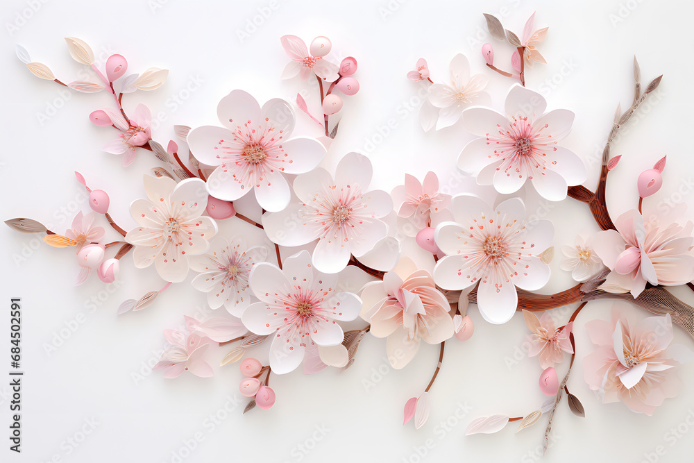 Delicate paper art cherry blossoms in full bloom, capturing the ephemeral beauty of these flowers with meticulous craftsmanship. Ai Generated.NO.04