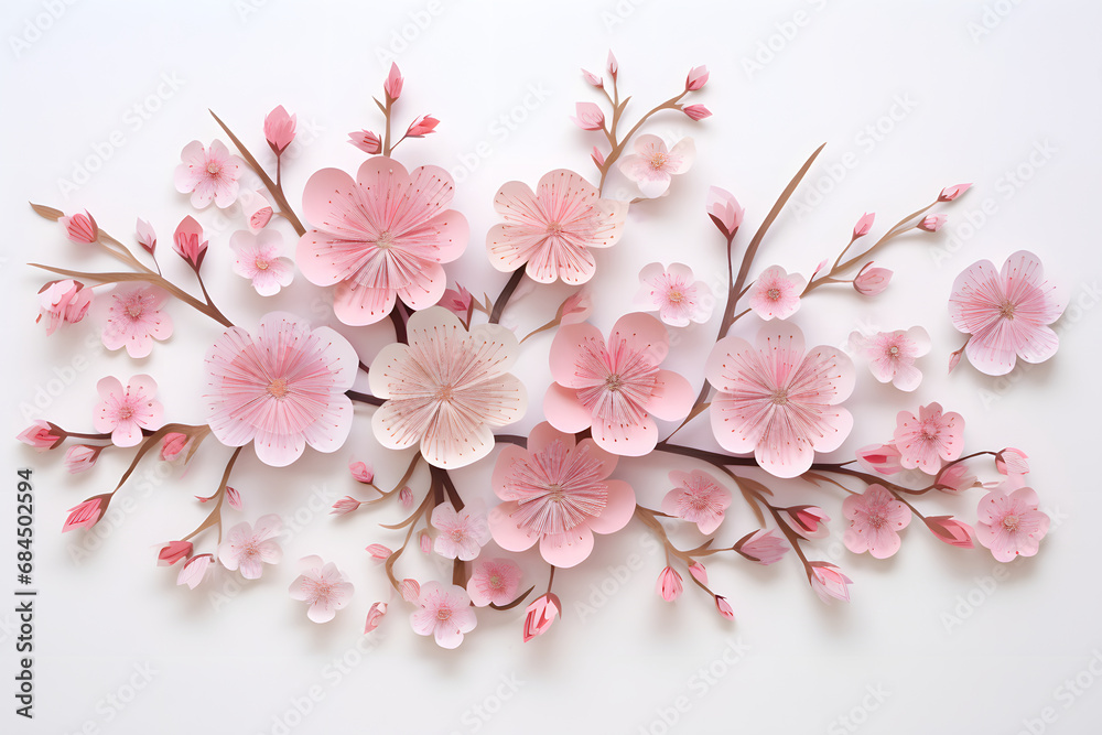 Delicate paper art cherry blossoms in full bloom, capturing the ephemeral beauty of these flowers with meticulous craftsmanship. Ai Generated.NO.01