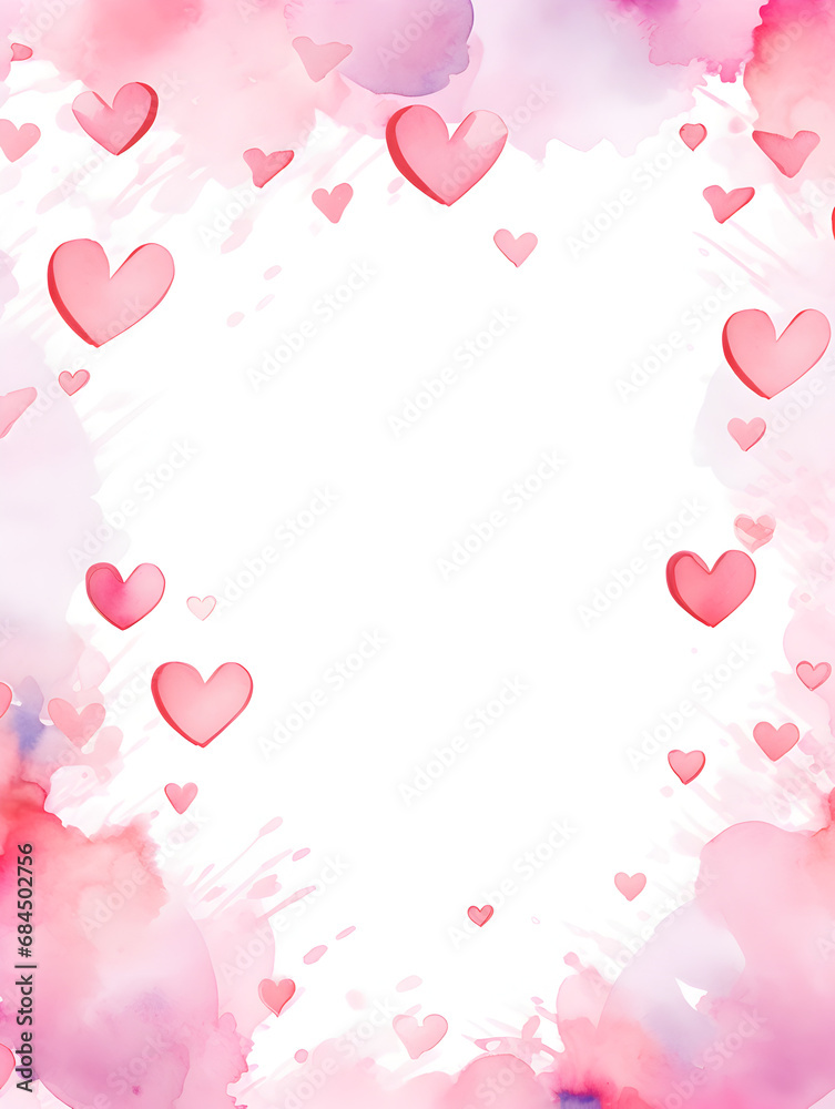 Watercolor frame with pink hearts and white background inside with copy space for text