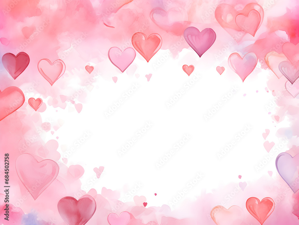Watercolor frame with pink hearts and white background inside with copy space for text