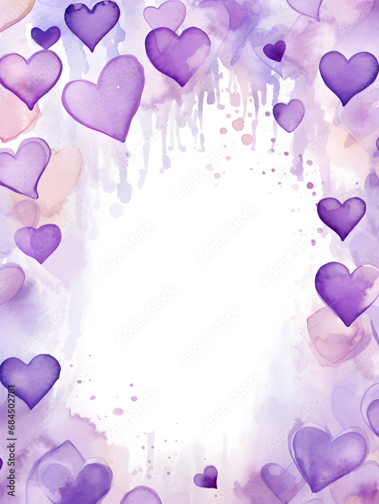 Watercolor frame with purple hearts and white background inside with copy space for text