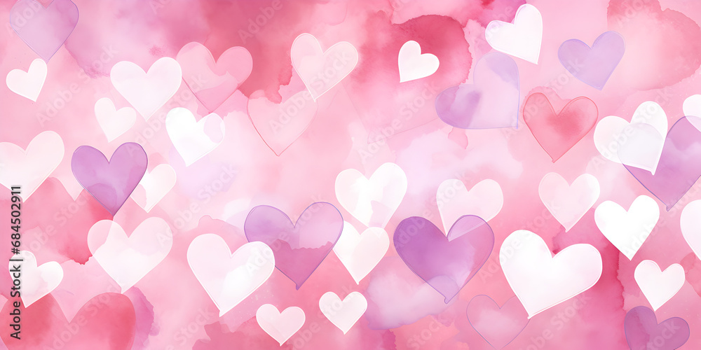 Abstract pink watercolor background with white hearts