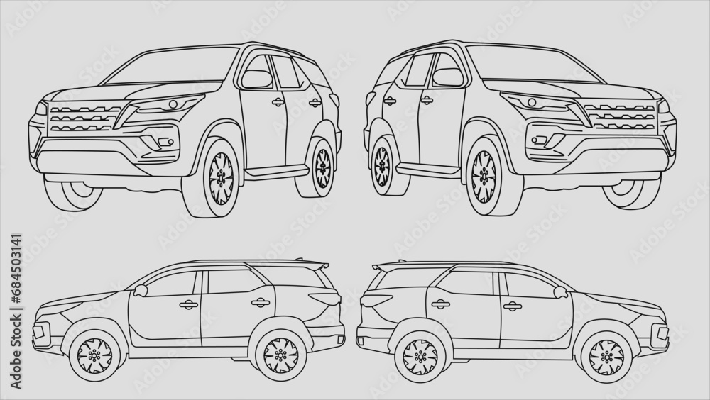 Vector sketch illustration of 4WD car design for adventure in forest and desert Vector sketch illustration of 4WD car design for adventure in forest and desert
