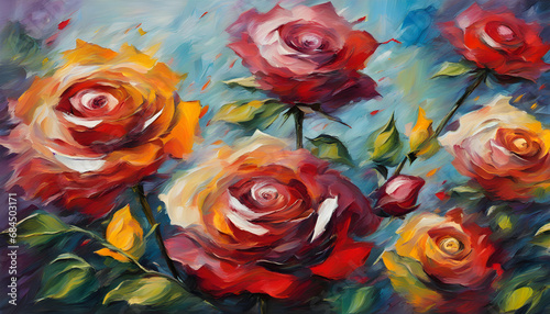 Colorful abstract oil acrylic painting illustration of colorful roses