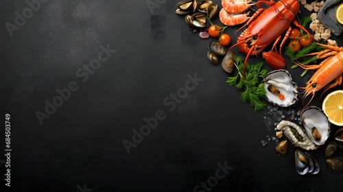 seafood set of fish crustaceans oysters mussels . photo