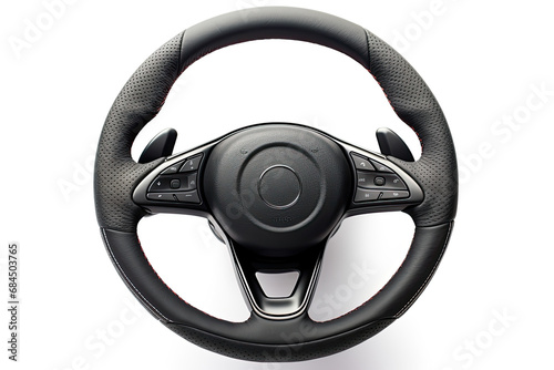 a car steering wheel with black leather isolated on white background photo