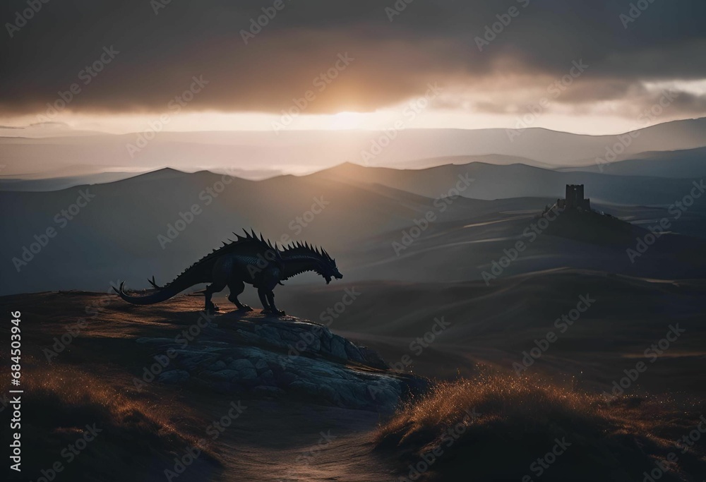 AI generated illustration of a dragon perched on a valley