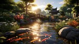 A tranquil pond in a lush garden with koi fish swimming as the sun sets, with a stone bridge