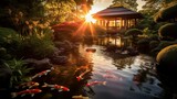 A tranquil pond in a lush garden with koi fish swimming as the sun sets