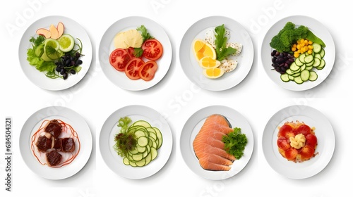 set of plate of food isolated on a white background.