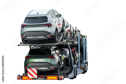 Isolated tow truck on white background. The Tow truck with the broken family car on the road. Car Service in Action. Isolated Tow Truck with Clipping Path